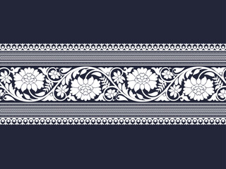White zig zag floral lace border pattern stripe on denim blue background for decorations, fabric prints, table runner, and other prints