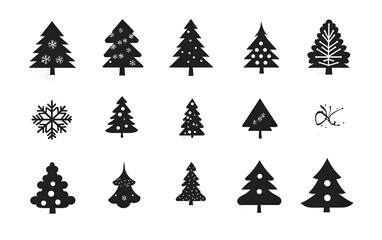 Obraz premium Collection of black and white christmas trees and snowflake decorations silhouettes