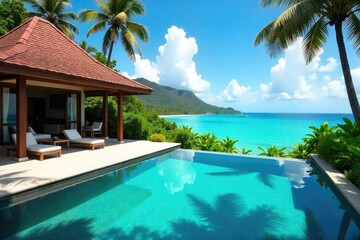 Obraz premium Luxury villa with private pool, stunning ocean views, and lush tropical gardens Perfect for a relaxing getaway or a memorable vacation , tranquil, home