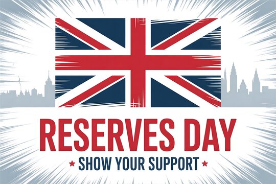 Reserves day graphic with union jack flag and city skyline in patriotic celebration