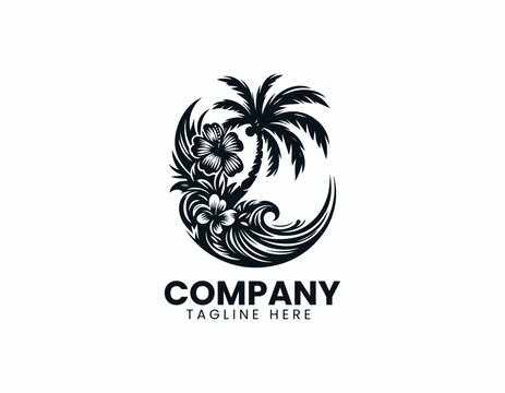Stylish Hawaiian Flowers and Palm Trees Illustration Vector Logo Design - Powered by Adobe