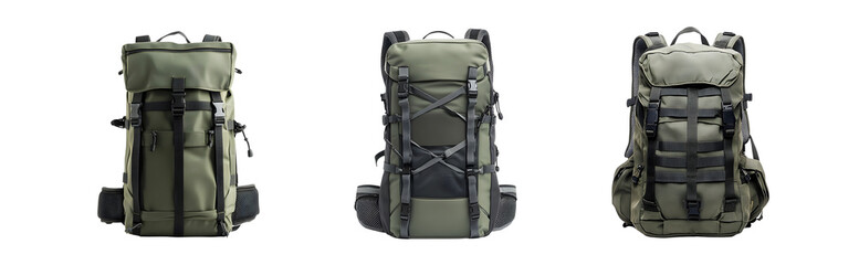 Naklejka premium set of olive green backpacks with black straps and buckles. isolated on transparent background