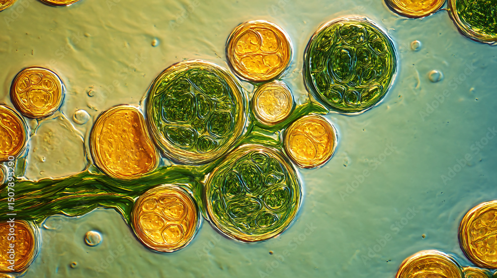 Poster a microscopic view of green and yellow algae cells with visible internal structures in a light fluid