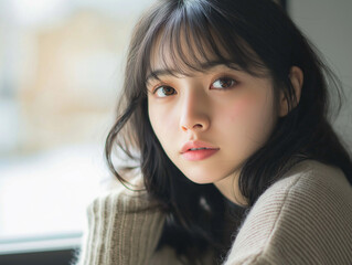 窓際の可愛い日本人女性