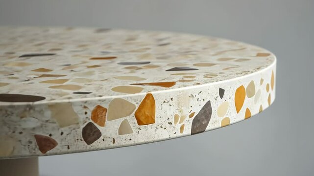 Close-up of a round terrazzo table top, showcasing its unique stone pattern and craftsmanship.