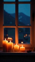 Scenic view of several lit candles softly illuminating a window at night, creating a warm, inviting glow Perfect for home decor, hygge, and peaceful atmosphere themes , candlelight, glass, night