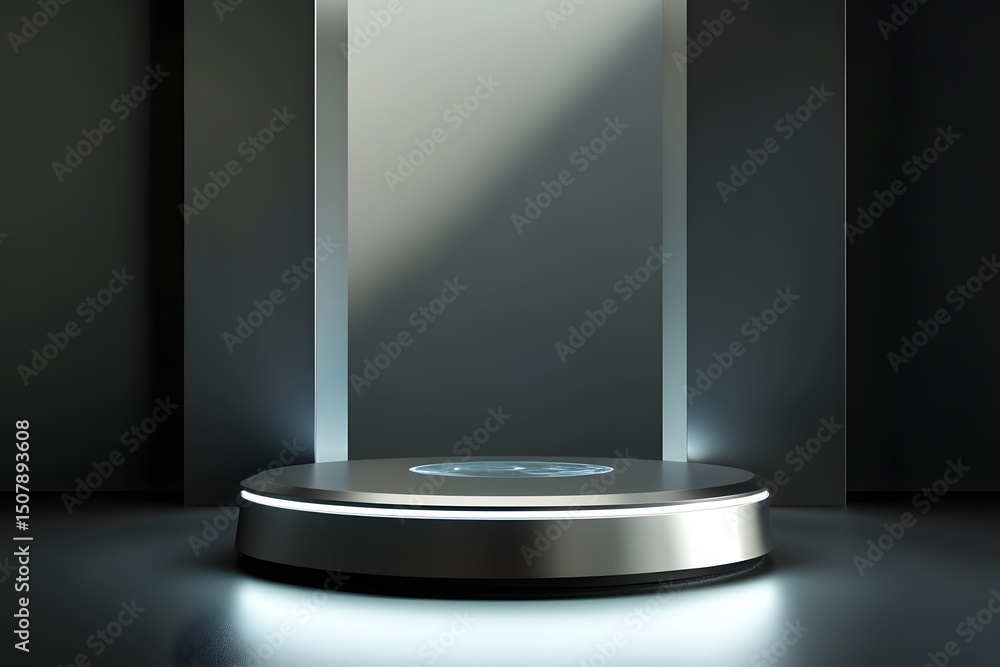 Poster futuristic 3d render of a circular product display platform with ambient lighting on dark background