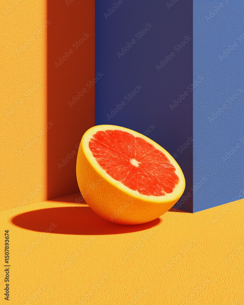 Poster a close up of a red grapefruit on a yellow background. the grapefruit is cut in half and the inside 