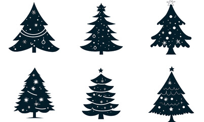 Obraz premium Six minimalist christmas tree silhouette designs with decorations and star on white background