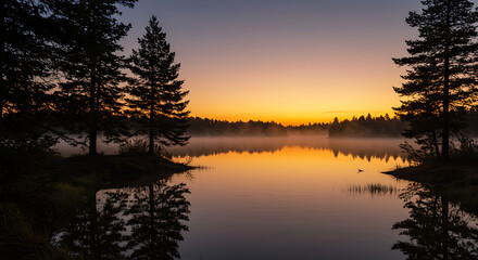 Obraz premium Serene Sunrise over Misty Lake with Silhouetted Pine Trees and Reflections