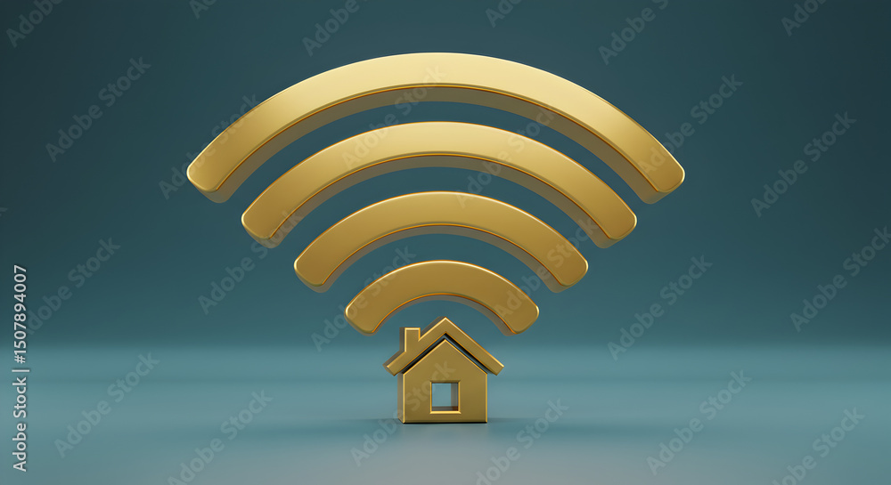 Poster golden house icon with wifi signal on teal gradient background symbolizing home networking