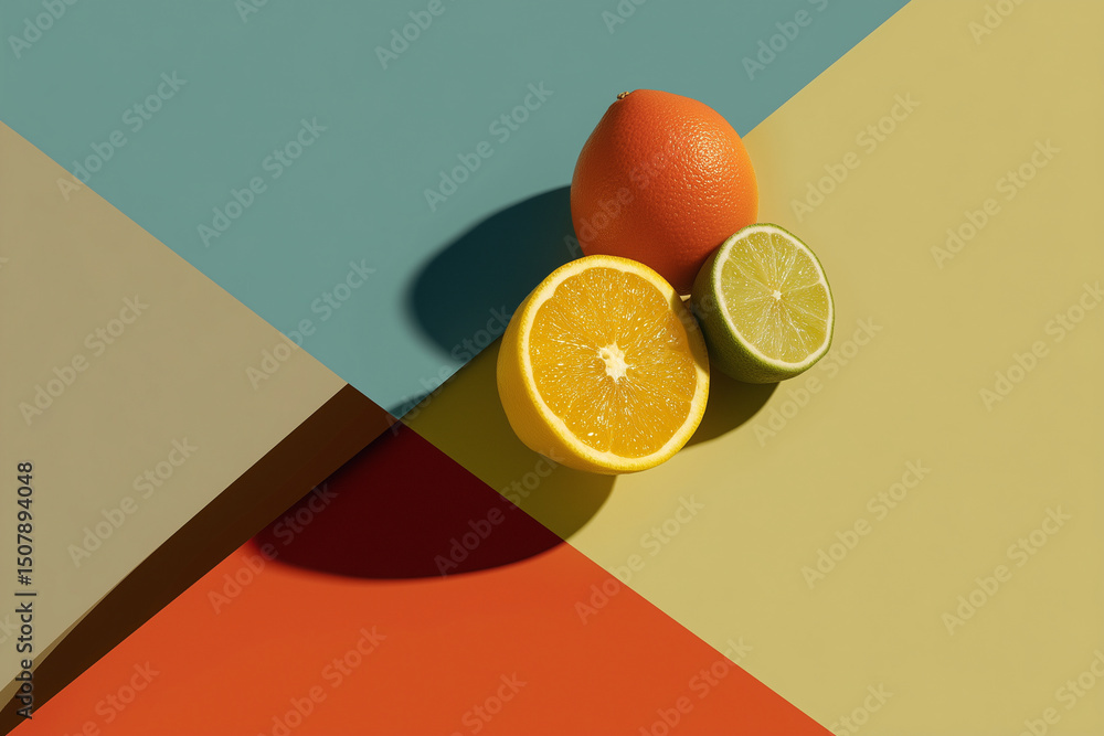 Poster a close up of three oranges and limes on a colorful background. the oranges are cut in half and the 