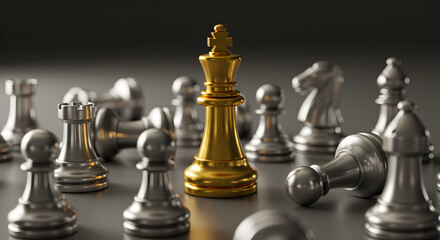 Golden King Chess Piece Dominating Fallen Silver Pawns on Dark Gray Strategic Game Board