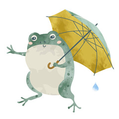 傘をさしてるカエルのイラスト（絵本タッチなカエルの絵）