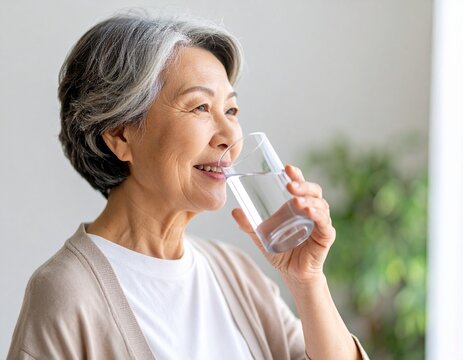 シニア女性の笑顔と水分補給