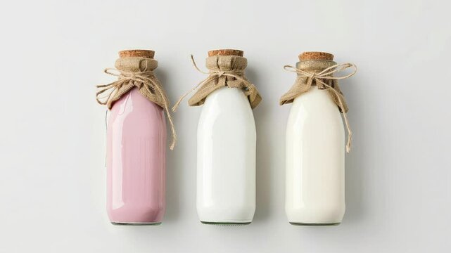 Flavored milk bottles on white background