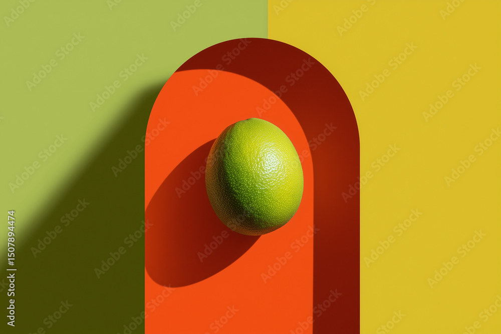 Poster a lime is sitting on a red background. the lime is green and the background is orange. the lime is t