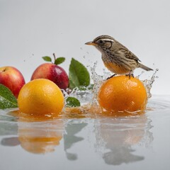 A small bird bathing in fruit juice, white background