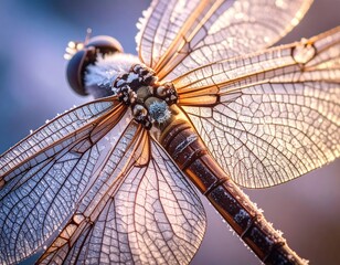 Close-up of dragonfly with frost, wings spread