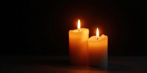 Close-up, two lit candles against black, soft yellow glow, in memoriam , life, memorial, photography