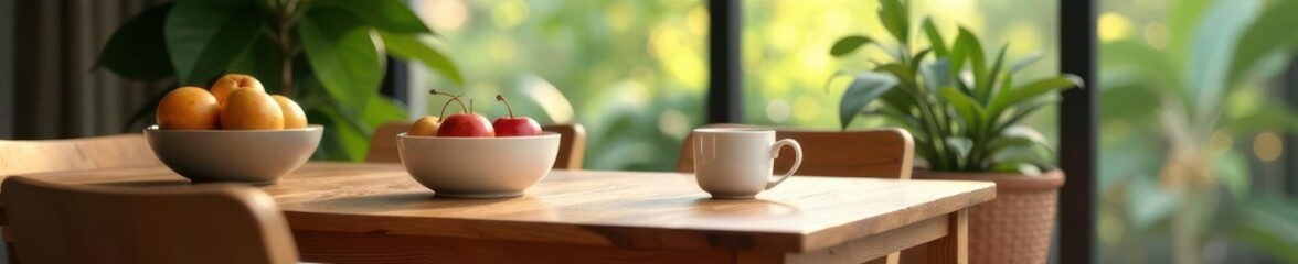 Elegant Scandinavian dining scene Wooden furniture, coffee, fruit bowl, plants , poster, clean