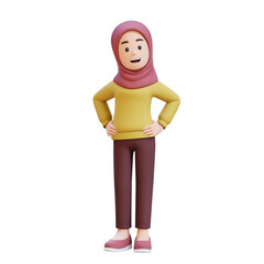 3D muslim girl character with hijab stands with her hand on hip