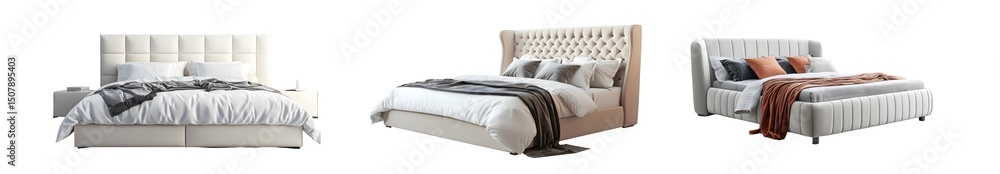 Poster set of different styles of beds with various headboards. isolated on transparent background