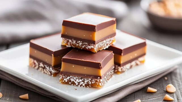 Chocolate caramel squares on a white plate