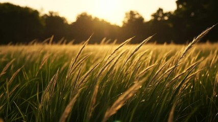 Golden meadow grass swaying in the wind at sunset - Powered by Adobe