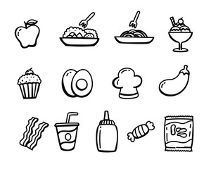 Set of food vector illustration with doodle style on a white background. Food doodle elements