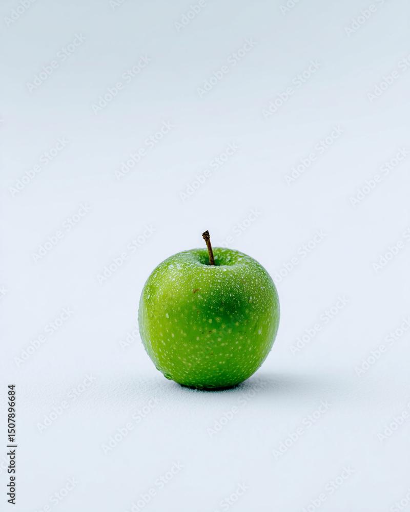 Poster a green apple sits on a white background. the apple is shiny and wet, and it is the only object in t
