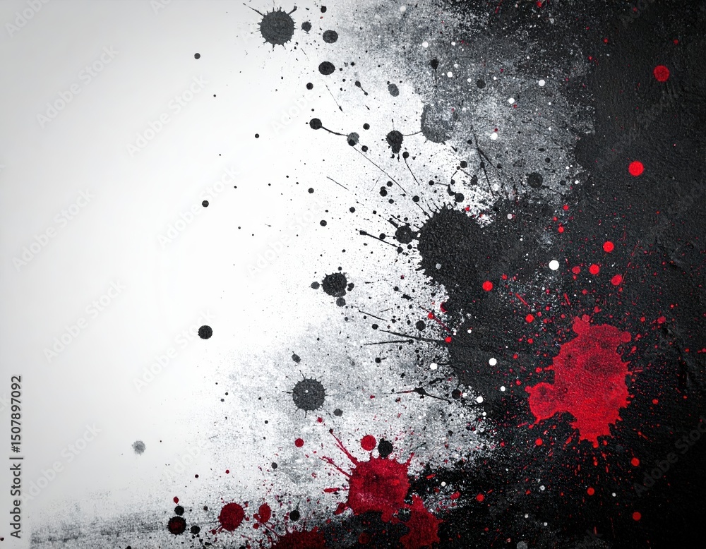 Poster a striking black and red background featuring dynamic splashes of paint, creating an energetic and a