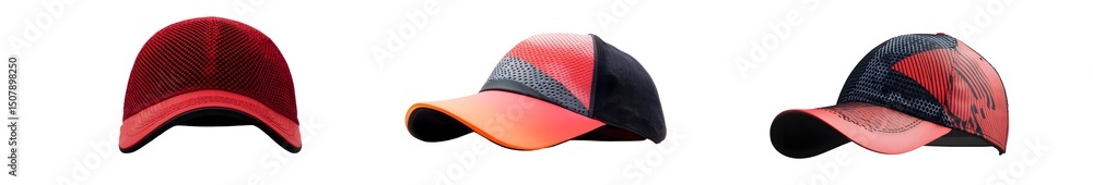 Poster set of baseball caps in various colors and patterns. isolated on transparent background