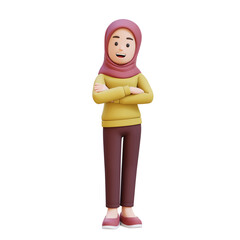 3D muslim girl character with hijab is standing with her arms crossed