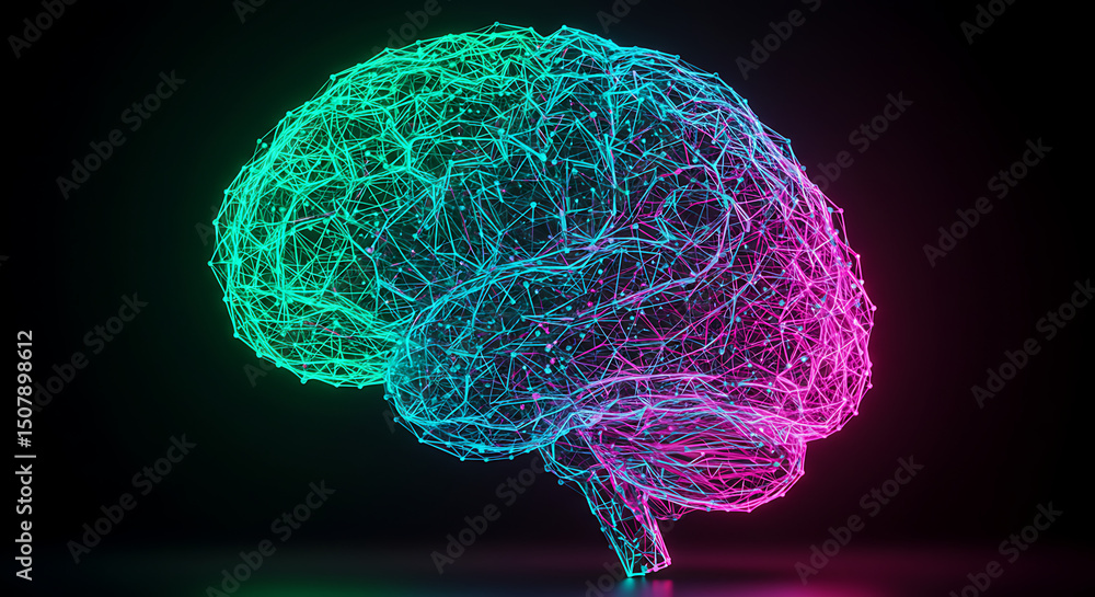Poster abstract neon brain network connectivity neural pathways ai concept