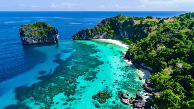 Twin island coves with shallow coral reef and clear sea