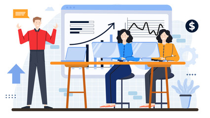 Man presenting to two women; perfect for business meetings, presentations, teamwork concepts, diversity and inclusion in the workplace, and corporate settings.