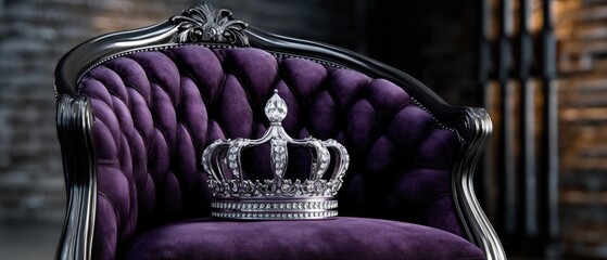 luxurious glitzy concept. Luxurious purple velvet chair with a silver crown resting on it.