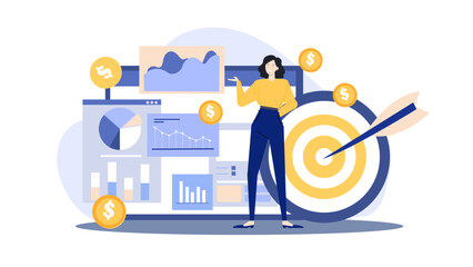 Woman in front of target with a dollar sign; financial goals, success, motivation, business strategy concept, aiming for financial success.