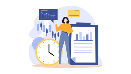 Woman standing next to a clock and a clipboard. Great for time management, organization, business meetings, and productivity related concepts.