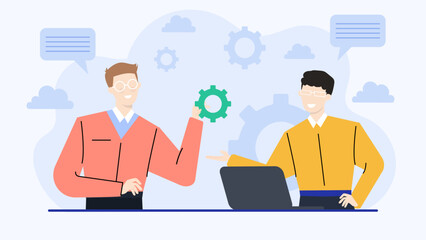 Title Two men discussing a green gear. Suitable for business, technology, teamwork concepts in presentations, blog posts, web design, and social media graphics.