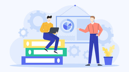 Two men collaborating on project with folders and a chart. Perfect for business presentations, teamwork concepts, and project planning visuals.