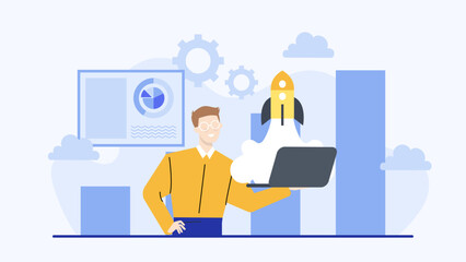 Man with glasses holds a laptop as a rocket launches, representing innovation, technology, and forward progress. Suitable for business and technology concepts.