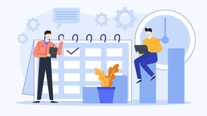 Two people by calendar and clock. Great for time management content, scheduling tools, business planning resources, deadline reminders illustrations.