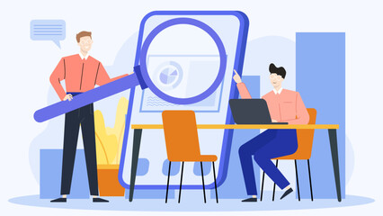 Two people using a magnifying glass and laptop at a table