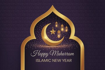 Happy muharram islamic new year with crescent moon star and golden lanterns on purple background