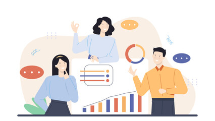 Three professionals showcasing data through graphs and charts, ideal for presentations, reports, business articles, and financial analysis content.