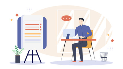 Man sits at a desk with computer; ideal for technology, office, work, business, telecommuting, remote work, and online communication concepts.