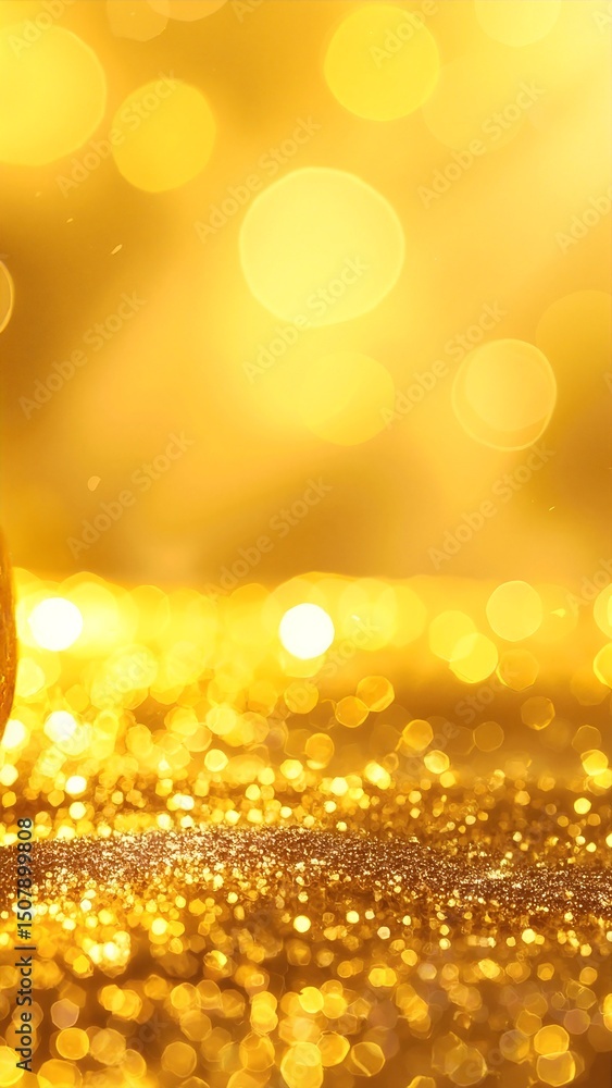 Poster a shimmering gold christmas ball rests atop a sparkling layer of colorful glitter, reflecting light 