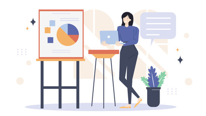 Woman with laptop next to whiteboard, pie chart shown. Ideal for business presentations, marketing concepts, data analysis, and office scenes.